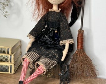 Witch OOAK Art Cloth Doll, Handmade Halloween Doll, Fiber Art Soft Sculpture, Collectible Whimsical Home Decor Gift