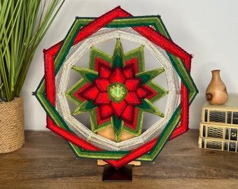 OOAK Yarn Mandala Ojos de Dios poinsettia, Christmas decor, wall decor, room decor