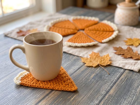 Pumpkin Coaster Set Crochet Pattern, halloween crochet,  6 Pumpkin Pie Slices, Fall Thanksgiving Decor PDF