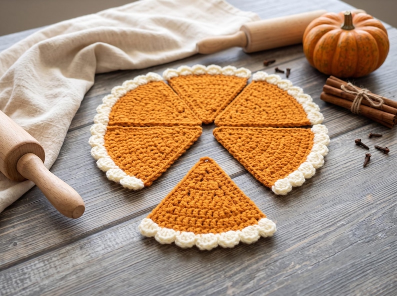 May include: Five triangular crochet pieces arranged to resemble a sliced pumpkin pie. Each piece features a textured orange center with a scalloped cream-colored border along the curved edge, mimicking a pie crust. The items are flat and handmade.