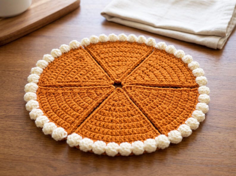 May include: A round, orange, crocheted trivet designed to resemble a sliced pie. The piece is composed of six triangular segments arranged in a circle, featuring a textured, cream-colored, bobble-stitch border around the entire outer edge.