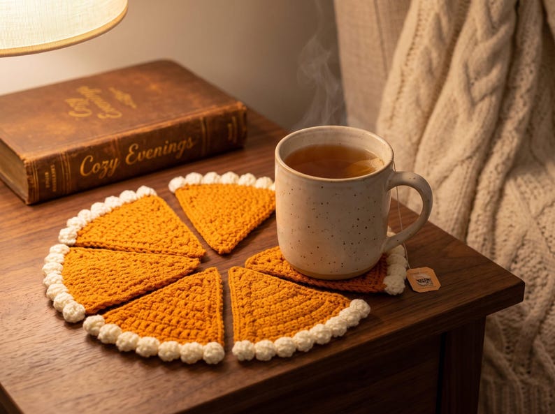 May include: A set of five triangular crochet coasters shaped like pumpkin pie slices, featuring a golden-orange textured center and a white scalloped border, arranged in a circular pattern around a speckled ceramic mug filled with hot tea.