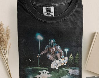 Star Wars Skateboarding Gildan Shirt, Mando & Baby Yoda Gildan Youth Shirt, Disney Star Wars Tee, Disney Trip Hip Hop Wear, Star Wars Meme
