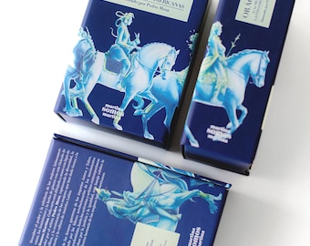 May include: Three navy blue boxes featuring the title "ORÁCULO de las MUJERES LATINOAMERICANAS" and illustrations of women on horseback, with the artist's name, Pedro Mesa. The boxes are set against a white background.