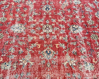 7x10 Vintage Red Rug, Turkish Rug, Red Floral Red Rug, Oversized Rug, Living Room Rug, Antique Rug, Oushak Rug, Bedroom Rug