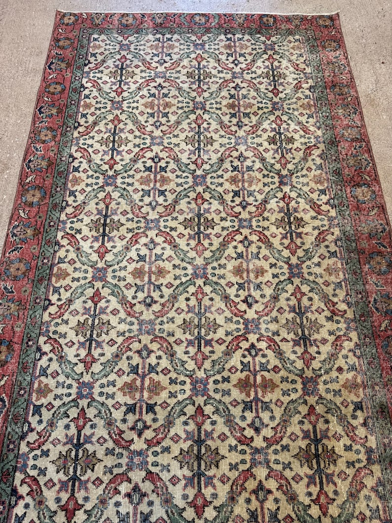 Alfombra Oushak de lana vintage color crema beige de 5x8 pies, alfombra hecha a mano, alfombra turca, alfombra para sala de estar, alfombra bohemia, alfombra para dormitorio. imagen 8