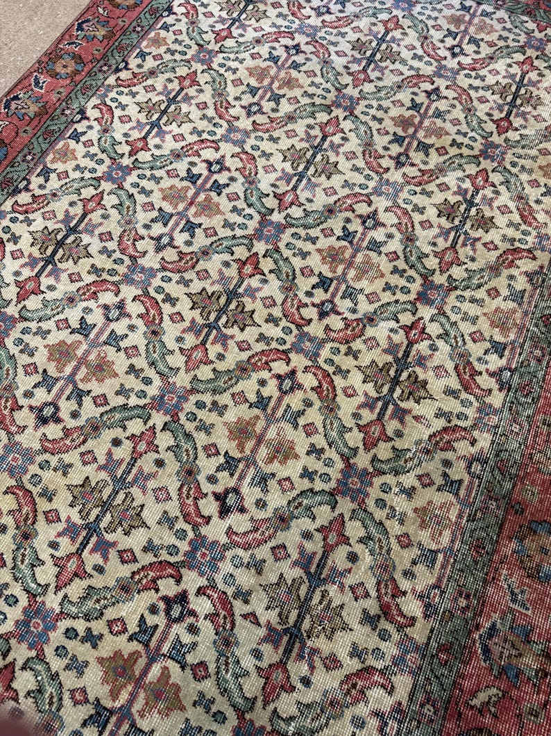 Alfombra Oushak de lana vintage color crema beige de 5x8 pies, alfombra hecha a mano, alfombra turca, alfombra para sala de estar, alfombra bohemia, alfombra para dormitorio. imagen 3