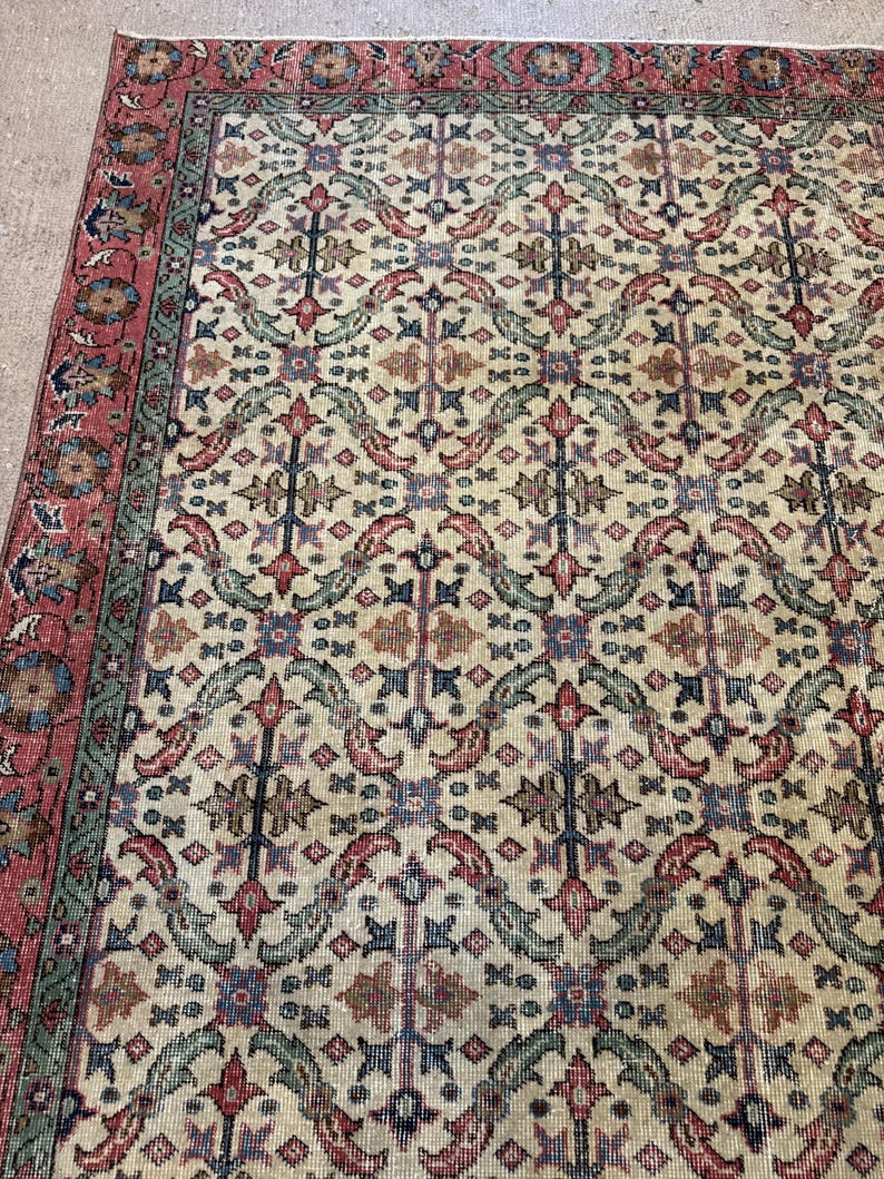 Alfombra Oushak de lana vintage color crema beige de 5x8 pies, alfombra hecha a mano, alfombra turca, alfombra para sala de estar, alfombra bohemia, alfombra para dormitorio. imagen 6