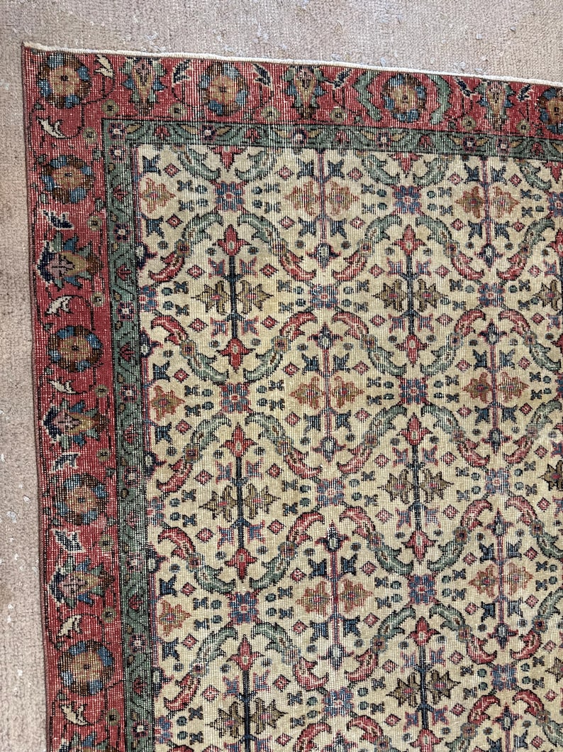 Alfombra Oushak de lana vintage color crema beige de 5x8 pies, alfombra hecha a mano, alfombra turca, alfombra para sala de estar, alfombra bohemia, alfombra para dormitorio. imagen 4