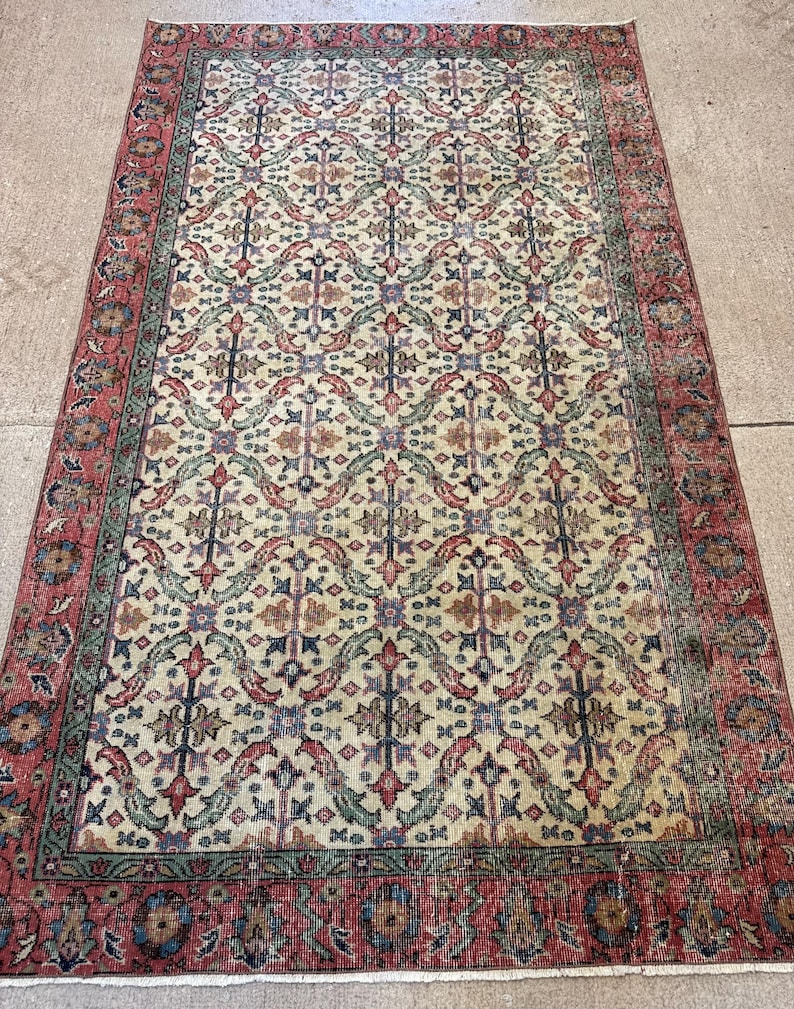 Alfombra Oushak de lana vintage color crema beige de 5x8 pies, alfombra hecha a mano, alfombra turca, alfombra para sala de estar, alfombra bohemia, alfombra para dormitorio. imagen 10