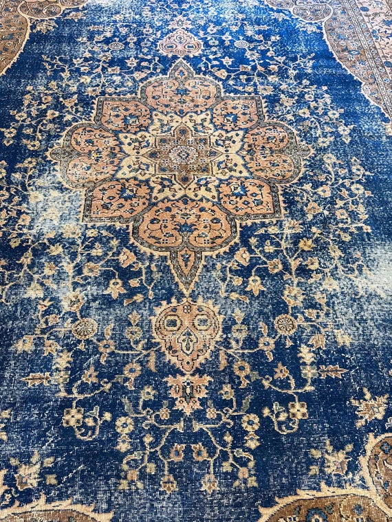 8x11 Vintage Rug, Turkish Rug, Blue Rug, Oversized Rug, Living Room Rug, Antique Rug, Oushak Rug, Bedroom Rug, Office Rug, 8'3"x11'2"