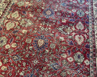 Alfombra turca vintage de 7x10 pies, color rojo intenso, azul, verde salvia y marfil, hecha a mano con lana.