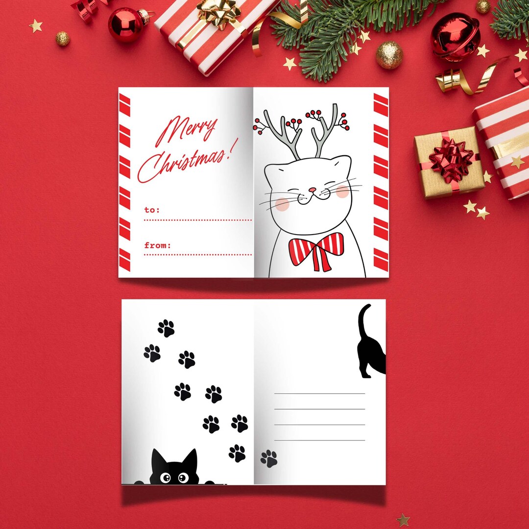 Cute Cat Christmas Card Printable, Red Holiday Greeting Card, A5 ...