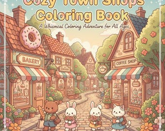 May include: A whimsical illustration of a coloring book cover titled "Cozy Town Shops Coloring Book." The image depicts a charming town scene with shops, characters, and the text "A Whimsical Coloring Adventure for All Ages."