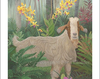 Kauai Goat with Orchids, Large Giclee Print