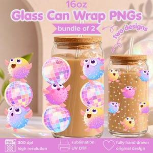 May include: Two glass can wraps with a cork lid, filled with a light brown liquid, and decorated with cartoon fish and disco ball designs. The text "16oz Glass Can Wrap PNGs" is at the top. The image also includes the text "bundle of 2" and "two designs".
