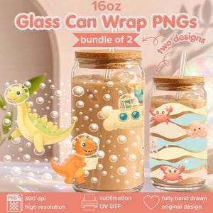 May include: Two glass can wraps with cork lids and straws. One features a yellow submarine design, the other has a beach theme with crabs and an octopus. The text reads "16oz Glass Can Wrap PNGs bundle of 2 two designs".