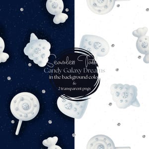 May include: A seamless pattern with white candy shapes, each adorned with sparkling gems, set against a dark blue and white backdrop. The image includes text: "Seamless Pattern Candy Galaxy Dreams in the background color & 2 transparent pngs."