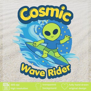 May include: A cartoon illustration of an alien surfing on a surfboard. The alien is green and wearing a blue shirt and shorts. The surfboard is green, and the waves are blue. The text "Cosmic Wave Rider" is above and below the alien.