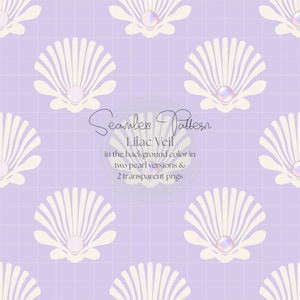 Naadloos schelppatroon, iriserende parel, lila stofontwerp (digitale download)