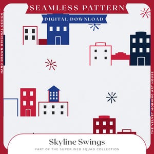 Peut inclure: Un motif numérique répétitif de bâtiments stylisés en rouge, bleu et noir sur fond blanc. Le design comprend le texte "Skyline Swings" et "Seamless Pattern".