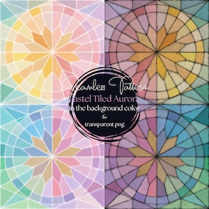 May include: A seamless pattern design featuring four quadrants, each with a pastel-colored starburst design. The starbursts are surrounded by a grid pattern. The image includes the text "Seamless Pattern" and "Pastel Tiled Aurora in the background color & transparent png."