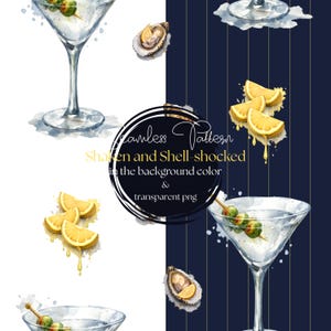 Puede incluir: Ilustración acuarela de un patrón sin costuras con copas de martini, aceitunas, conchas de ostras y gajos de limón. El texto dice "Patrón sin costuras Shaken and Shell-shocked in the background color & transparent png."