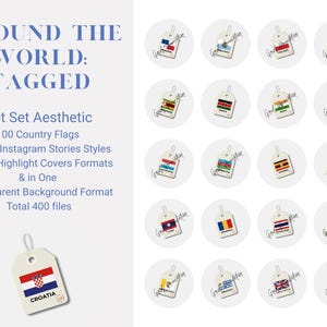 May include: An image showcasing Instagram highlight covers with country flags on tag-shaped designs. The tags are set on white circles, with the text "Around the World: Tagged" at the top. The Croatian flag is also visible.