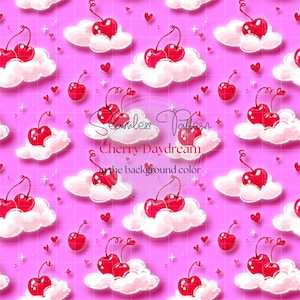 Puede incluir: Patrón sin costuras con cerezas rojas, tallos verdes y nubes blancas sobre un fondo rosa cuadriculado. Pequeños corazones y estrellas rojas están dispersos. También está presente el texto "Seamless Pattern Cherry Daydream in the background color".