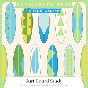 May include: A seamless pattern of surfboards in a variety of designs and colours, including blue, green, and yellow. The surfboards feature geometric and dot patterns. Text includes "Surf Board Study" and "Digital Download".