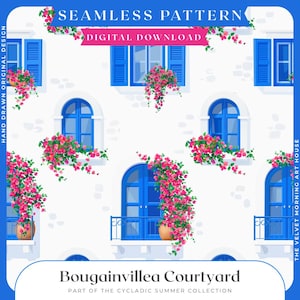 Pode incluir: Padrão sem costura com uma fachada branca com persianas e portas azuis, adornada com vibrantes flores de buganvílias cor-de-rosa. O design inclui o texto "Bougainvillea Courtyard" e "Digital Download".
