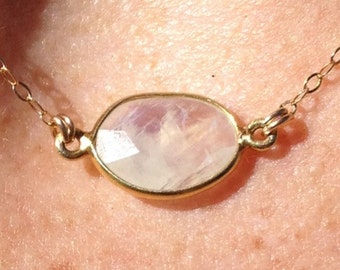 Sale! Great Gift! 14K Gold-filled/Vermeil REAL Rainbow Moonstone Necklace/ Choker. Your everyday layering piece!