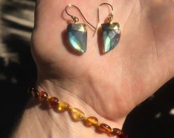 Gold-filled Labradorite, Rainbow Moonstone, or Turquoise Stone hook earrings. Unique, triangular, eye-catching shark tooth shape Gemstone!