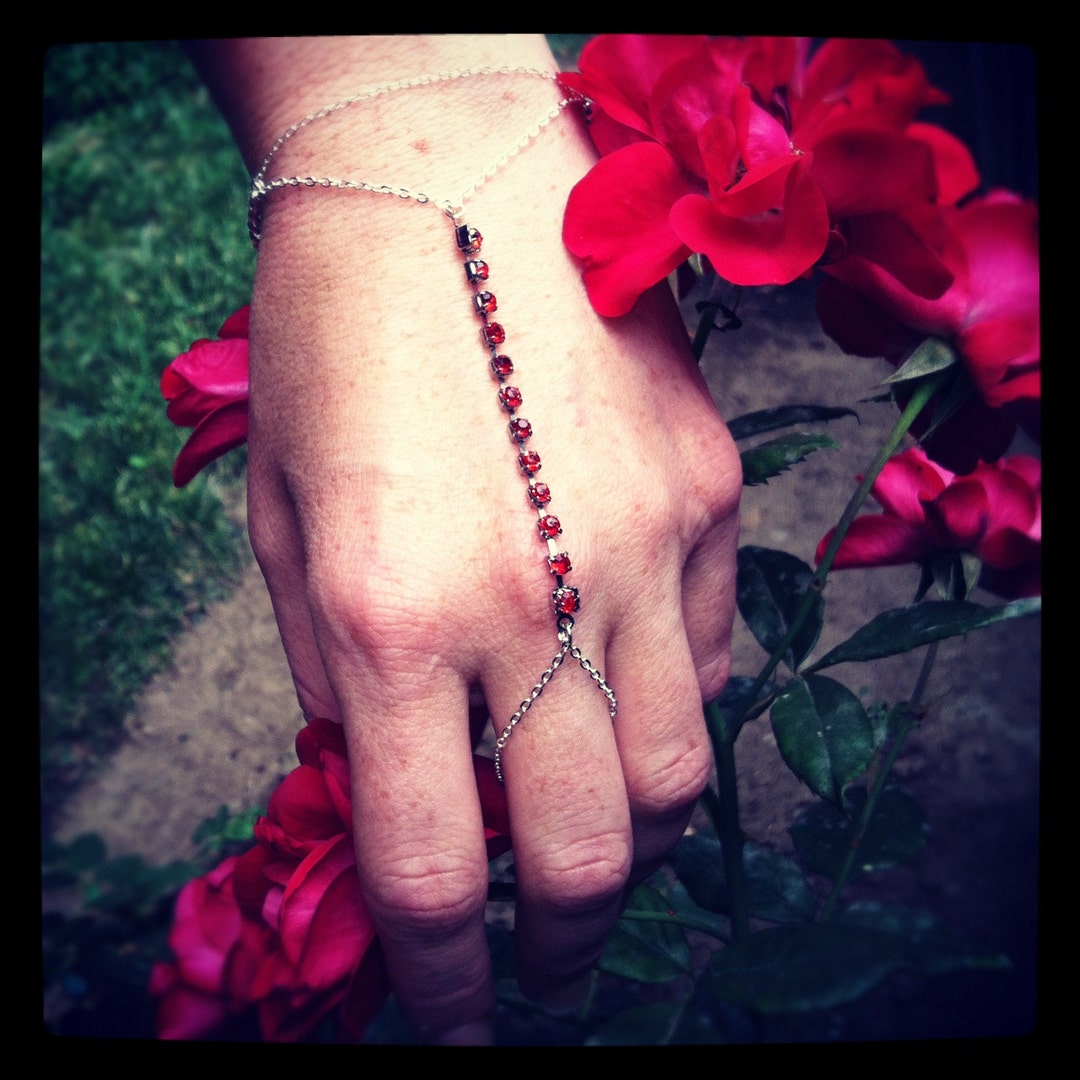Red Rhinestone & Sterling Silver Chain Slavebracelet/ Fingerbracelet