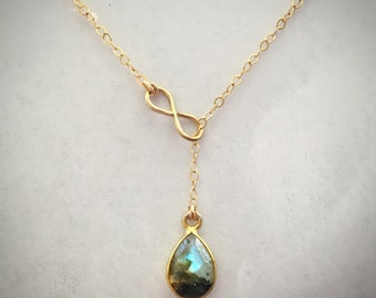 14K Gold-filled Infinity Lariat with Labradorite Teardrop Bezel Gemstone, Y Necklace. Also available in Moonstone and Turquoise
