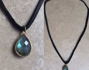 Labradorite Stone- Vegan Suede Choker/ necklace. Your everyday choker, made with a Sterling Silver or gold (vermeil) framed pendant