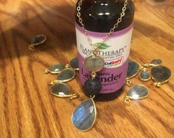 Gold, Multicolored Teardrop Labradorite stone, LAVA stone, and Aqua Chalcedony. Oil diffuser necklace!! Made with a 14k gold-filled chain.