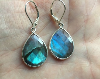 SALE! Sterling Silver or 14K Gold-filled Large LABRADORITE Teardrop Leverback Hoop Earrings. Rainbow colored, eye stopping Gypsy hoops!