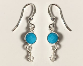 Sterling Silver, Turquoise Stone with Swarovski Crystal Dangle Earrings. *Also available in Gold and ALL Gemstones