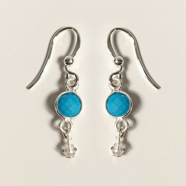 Sterling Silver, Turquoise Stone with Swarovski Crystal Dangle Earrings. *Also available in Gold and ALL Gemstones