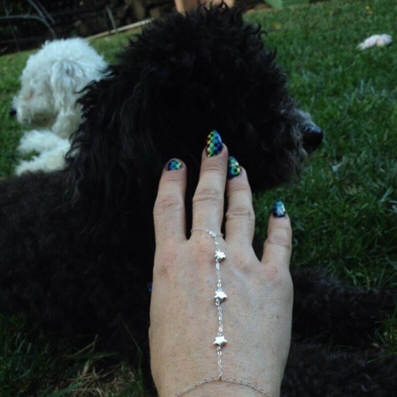 Tiny 3 Star Gold or sterling silver Chain Finger Bracelet/Slave Bracelet/ Wrist Ring/ Hand Chain Gypsy Jewelry. Edgy and eye-catching, every image 2