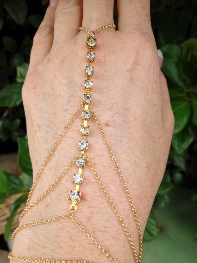Gold Chain/white Rhinestones Fingerbracelet/slavebracelet/ Etsy