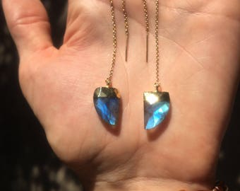 Gold-filled Labradorite U-wire Threaders. Also available in Rainbow Moonstone & Turquoise. Unique, eye-catching shark tooth shape.