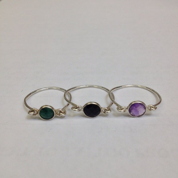 Tiny, Sterling Silver  or Gold Gemstone Stackable Ring. Amethyst, Onyx, Turquoise, Ruby, Quartz, Sapphire, Chalcedony...