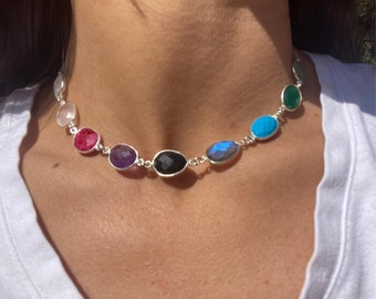 Rainbow Multicolored Gemstone Necklace/Choker. Moonstone-Rose Quartz-Ruby-Amethyst-Onyx-Labradorite-Turquoise-Emerald-Chalcedony.