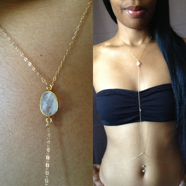 SALE! 14K Gold filled or Sterling Silver Moonstone Necklace BODY CHAIN Bikini Chain available in Turquoise, Amethyst, Onyx, & more!