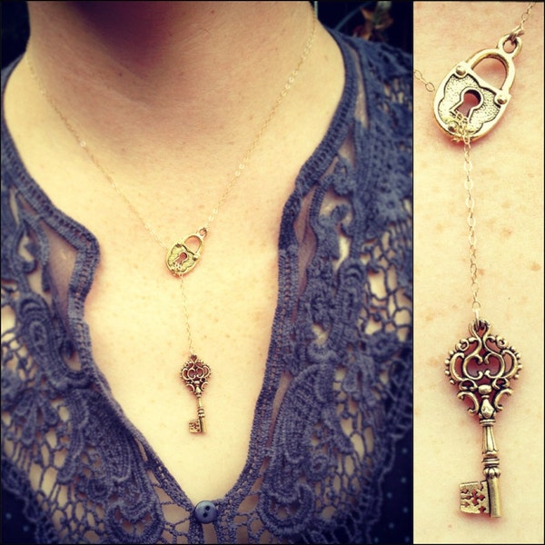 Vintage Lariat Style Key & Lock Necklace on a delicate, 14K Gold-filled Chain or Sterling Silver