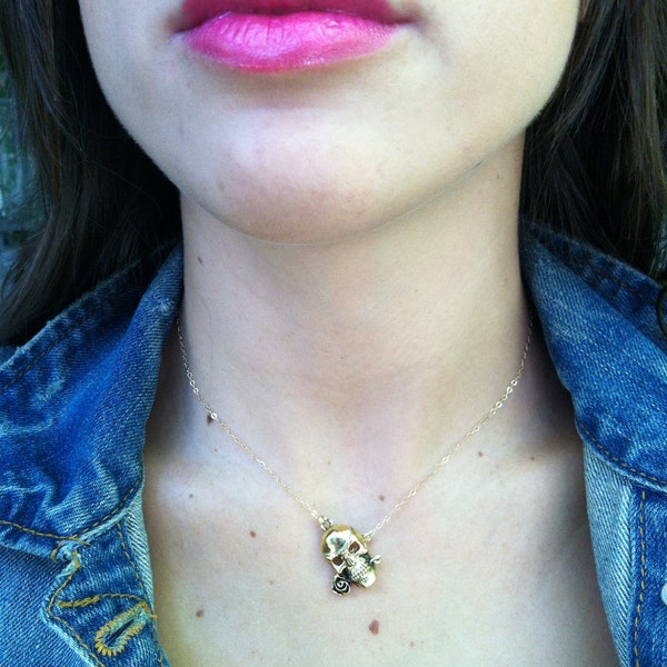 Edgy, Trendy Jewelry Sideways Gold Skull Choker Necklace on a delicate, 14K Gold-filled Chain