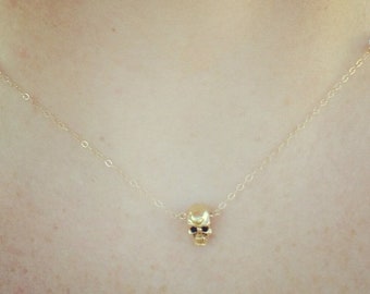 Tiny Gold or Silver Skull Choker/Necklace. Made with a delicate 14K Gold-filled or Sterling Silver chain. Edgy, elegant, unique.