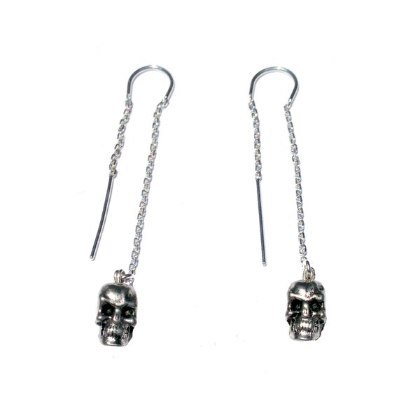 Perfect Halloween Earrings Sterling Silver  or Gold Filled Tiny Skull Ear Threaders.  Dainty, Edgy, and Unique Dangling Earrings